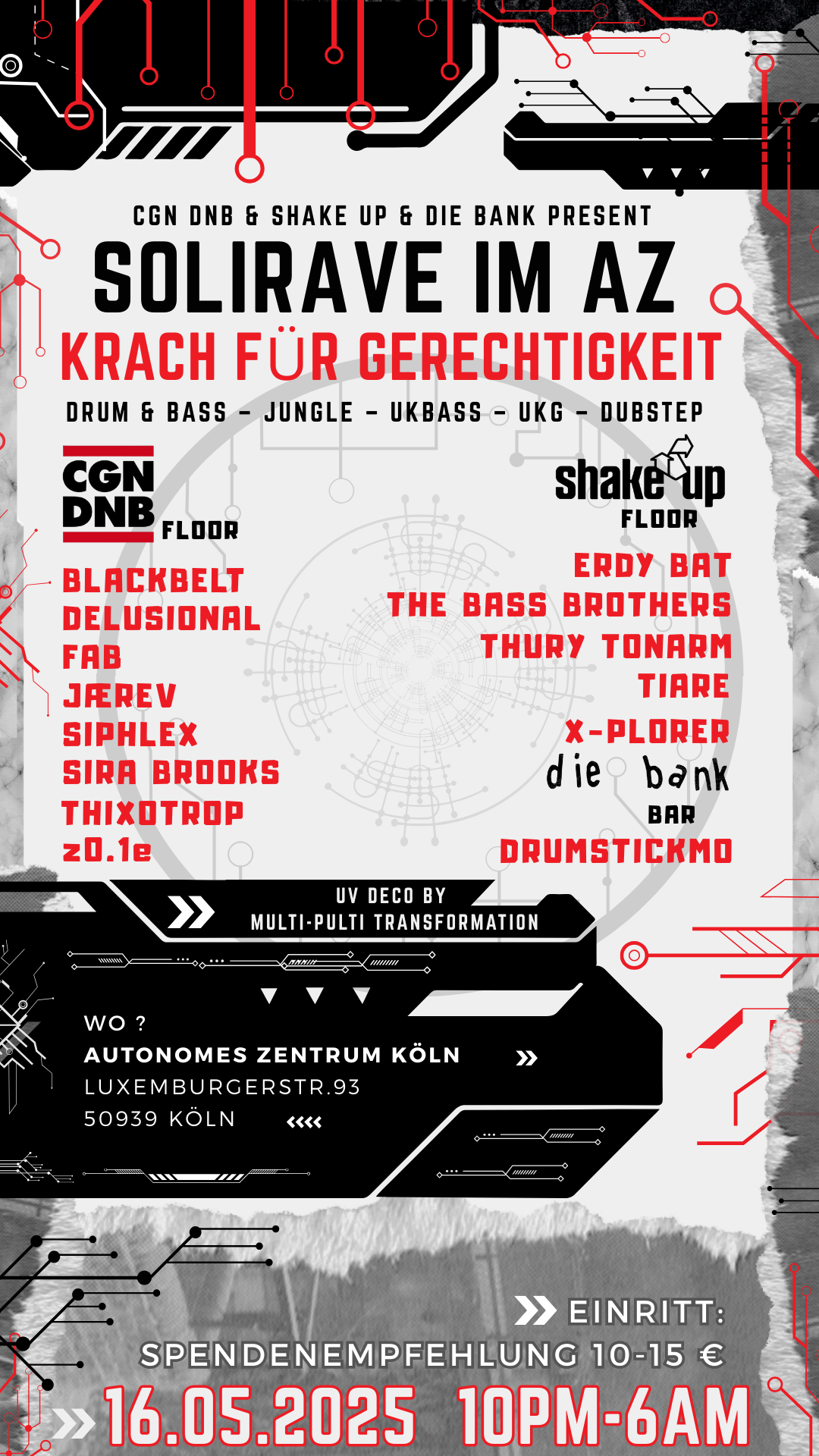 Online Flyer Krach für Gerechtigkeit Soli-Rave im AZ 16.5.2025